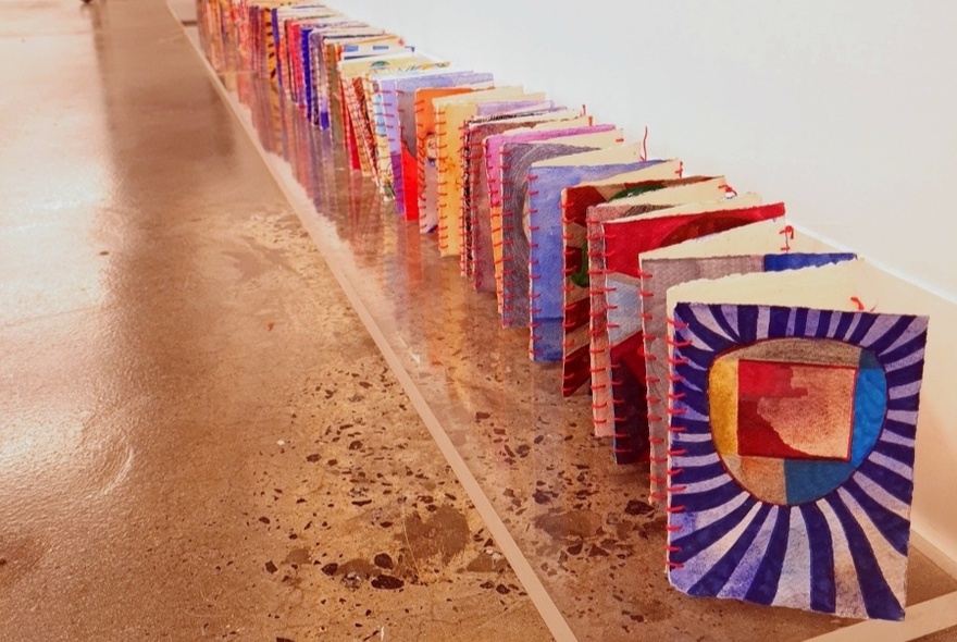 Row of concertina books on a shelf.