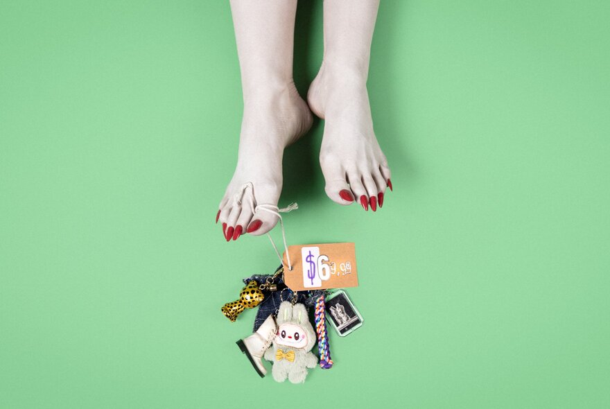 A pair of bare feet with pointed red toenails positioned on a solid green background, an ID tag hanging from the big toe, directly above a messy cluster of keychains, a plush toy, and an orange tag attached to a ring.