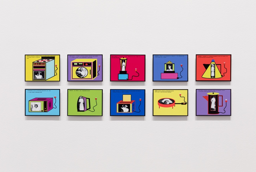 A series of ten colourful arworks depicting kitchen appliances, displayed in two lines on a white gallery wall.