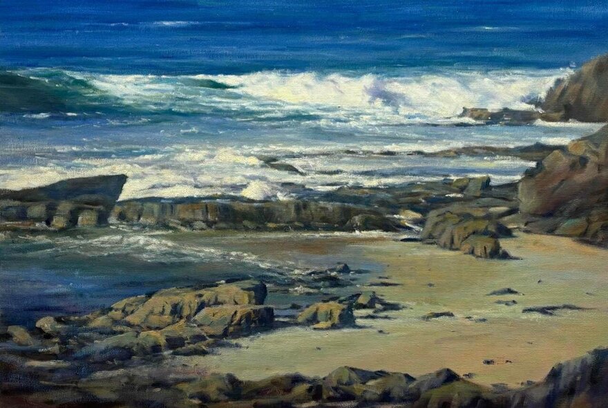 Seascape oil painting of waves crashing onto a rocky beach.