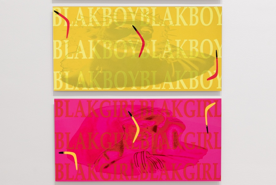 A pair of artworks, one vibrant yellow, the other hot pink, displayed on a white gallery wall.