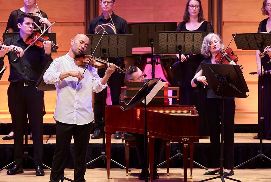 A group of orchestra musicians performing live on stage. 