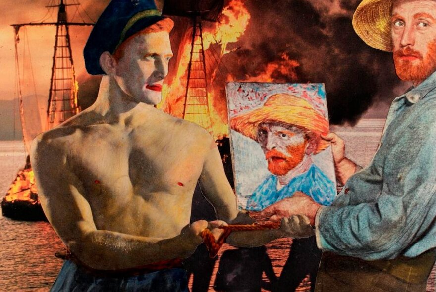 A Treasure Island themed collage with a shirtless Kirk Douglas and a Van Gough self-portrait