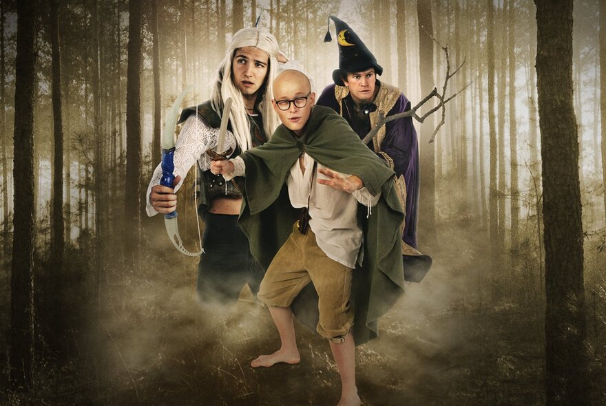 A stylised image of three people dressed as charcters from Lord of the Rings in a forest.