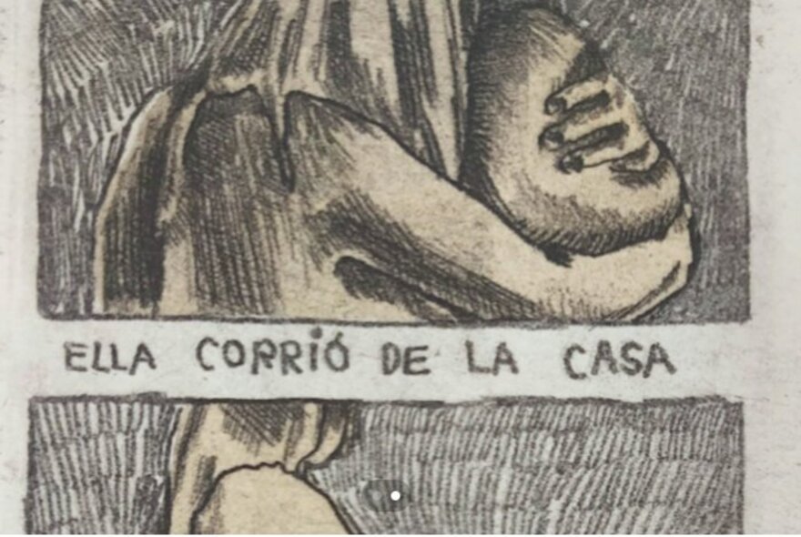 Part of a comic strip split into two frames with text.