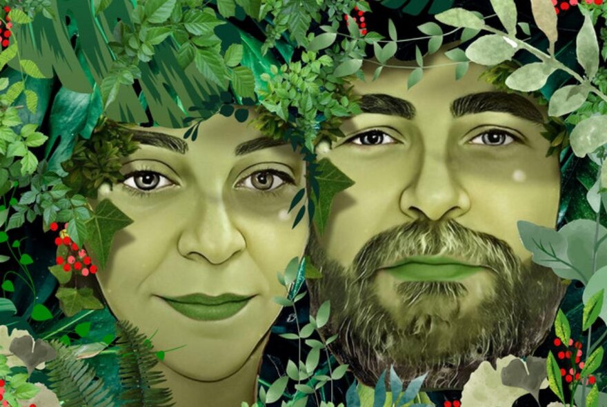 Green male and female faces surrounded by leaves and greenery with red berries.