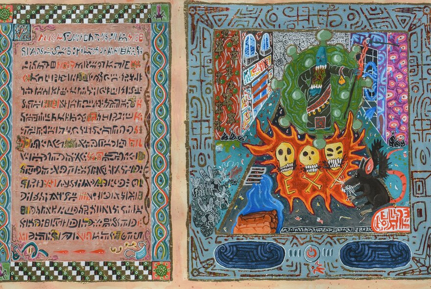 An artwork representing pages from a book, with illuminated text on one side and a hellish image of flames and skulls on the other.