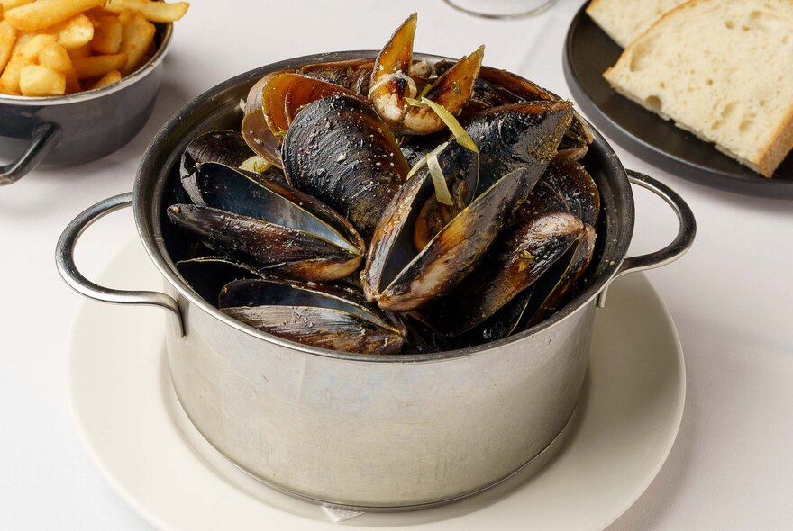 A metal stockpot of cooked muscles on a white table, bread and chips in the background.