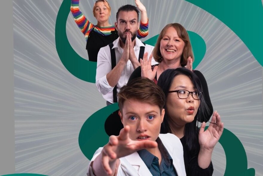 The cast of actors of Impro Melbourne, each holding a different pose and looking towards the viewer, set against a grey and green graphic backdrop.