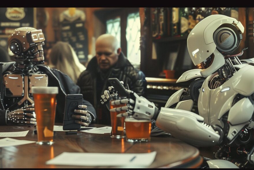 Digitally manipulated image of two robots sitting at a pub table with pots of beer in front of them taking part in a games or trivia event, with humans in the background doing the same.