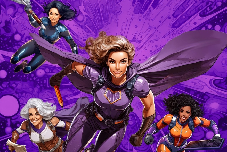 Animation drawing of a group of superhero women, the central character flying with wings, all in action poses.