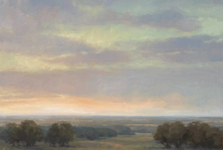 An oil painting of a distant farmland landscape with cloudy skies in a soft afternoon light.