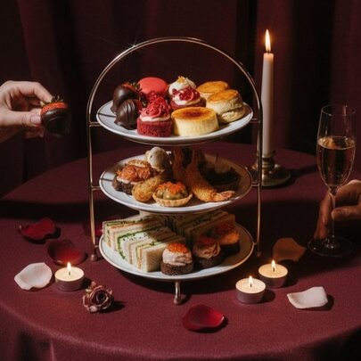 Two hands stretching across a table to select small items of food from a three-tiered stand as part of a High Tea menu.