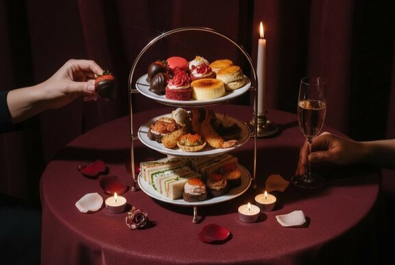 Two hands stretching across a table to select small items of food from a three-tiered stand as part of a High Tea menu.