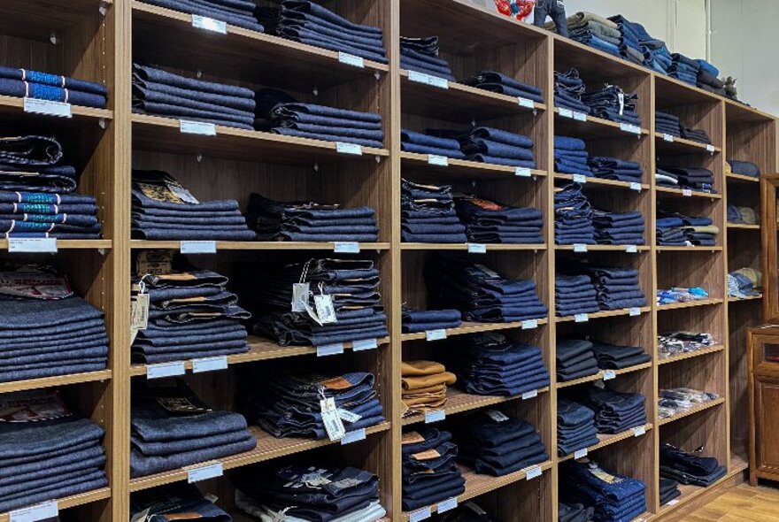 Many pairs of jeans folded on shelves in a retail store.