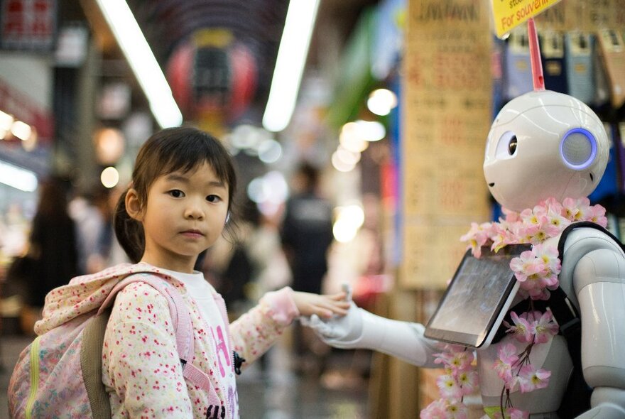 A young girl with a backpack places her hand in a robot's hand. 