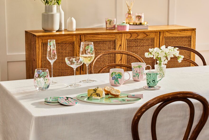 Table set with decorated glassware and cups, with snacks.