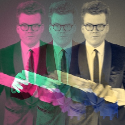 A colour-separated photograph resulting in three side-by-side images of magician/comedian Josh Staley, shuffling a deck of cards.