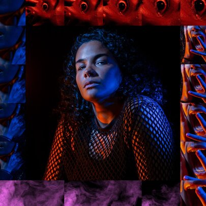 Portrait of an Indigenous woman surrounded by a border made up of close up images of a woman's eyes and mouth while screaming.