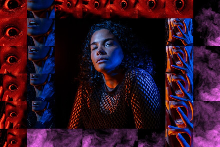 Portrait of an Indigenous woman surrounded by a border made up of close up images of a woman's eyes and mouth while screaming.