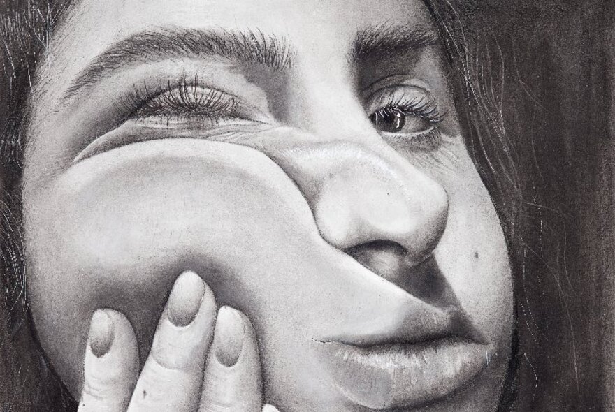 Graphite pencil drawing of a face pressed up against glass.