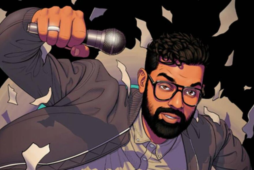 Cartoon style drawing of male comedian Romesh Ranganathan, his hand clenched around a microphone as if punching through the air, black background.