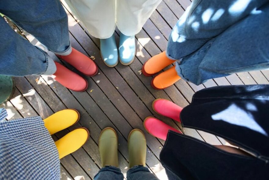 A shot of six people's feet in a circle with colourful gumboots.