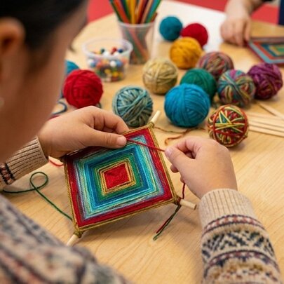 Children using wool to create triangular woven crafts with balls of wool.