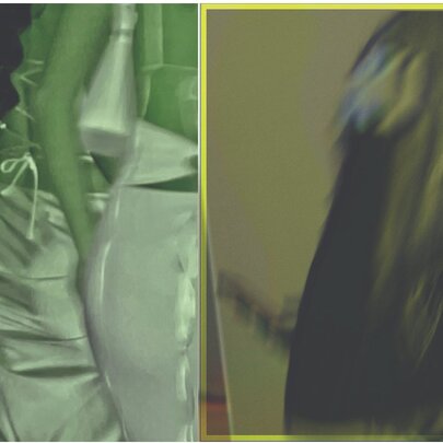 Photographic artwork appearing as two images, one sage satin fabric, the other blurred long hair.