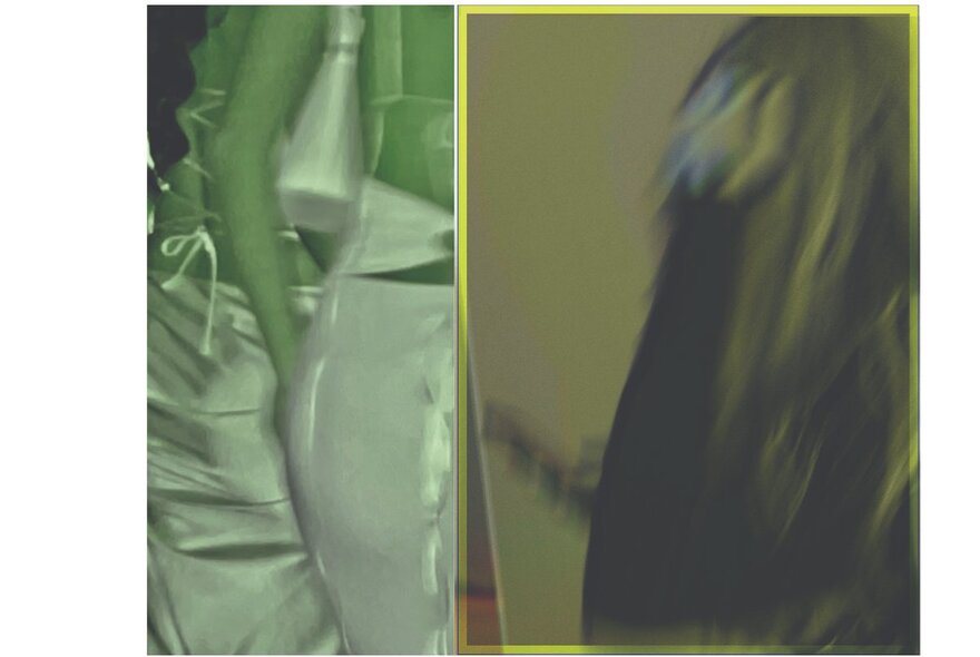 Photographic artwork appearing as two images, one sage satin fabric, the other blurred long hair.