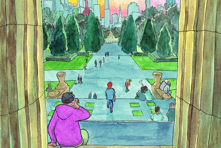 Illustration from a graphic novel about the Shrine of Remembrance showing a person sitting on top of the steps at the Shrine looking down the avenue of trees and people in the forecourt.