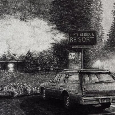 A graphite drawing of a car parked in front of a motel resort sign, with shadowy trees in the background and a creature resembling a crocodile in the middle ground.