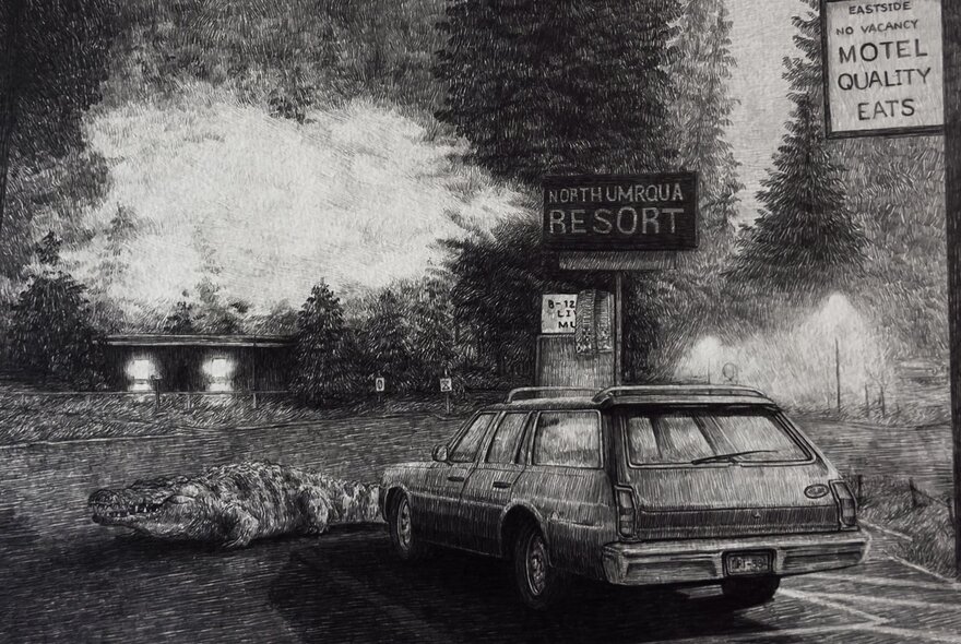 A graphite drawing of a car parked in front of a motel resort sign, with shadowy trees in the background and a creature resembling a crocodile in the middle ground.