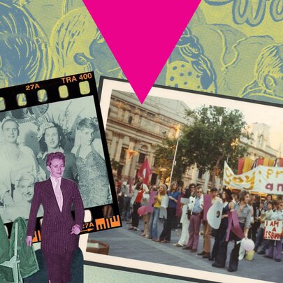 Artwork collage featuring historical LGBTQIA+ liberation protest imagery overlaid against a green background with graphic illustrations.