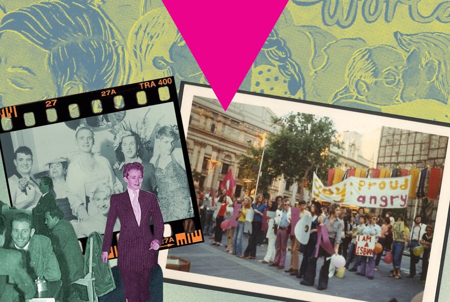 Artwork collage featuring historical LGBTQIA+ liberation protest imagery overlaid against a green background with graphic illustrations.