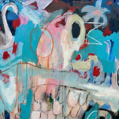 An abstract oil painting in shades of bright blue, pink and white.