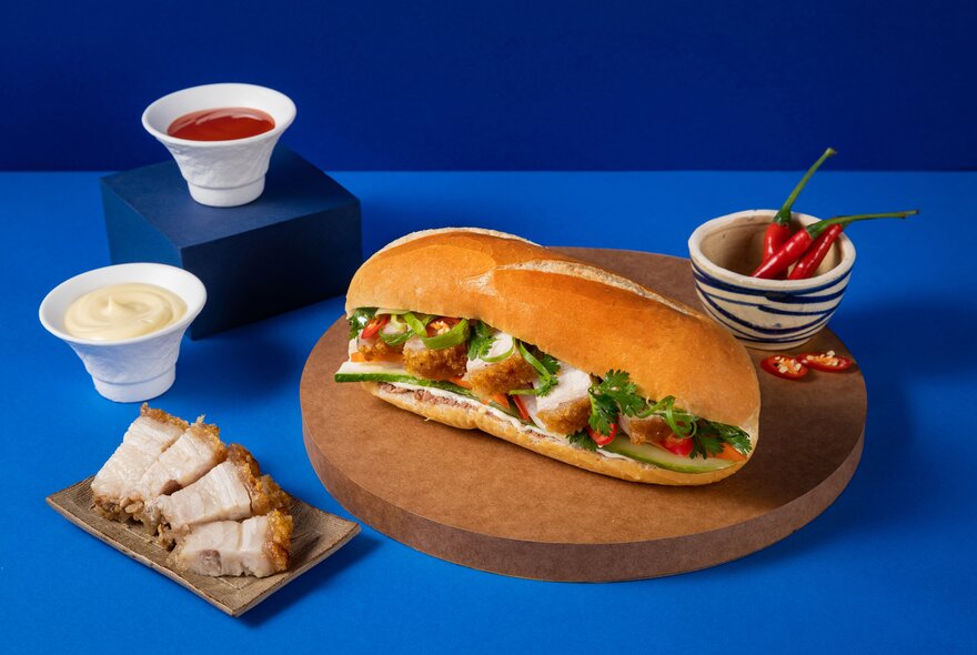 Vietnamese banh mi roll surrounded by condiments and sliced meat.