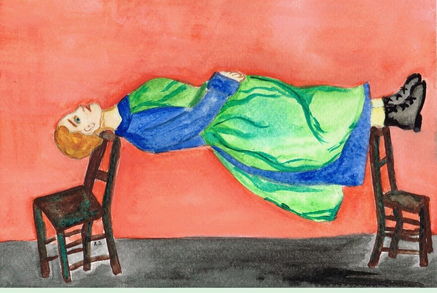 A painting of a woman wearing a green and blue dress lying in an elevated vertical position off the ground, with her head and her feet resting on the top of two chairs.