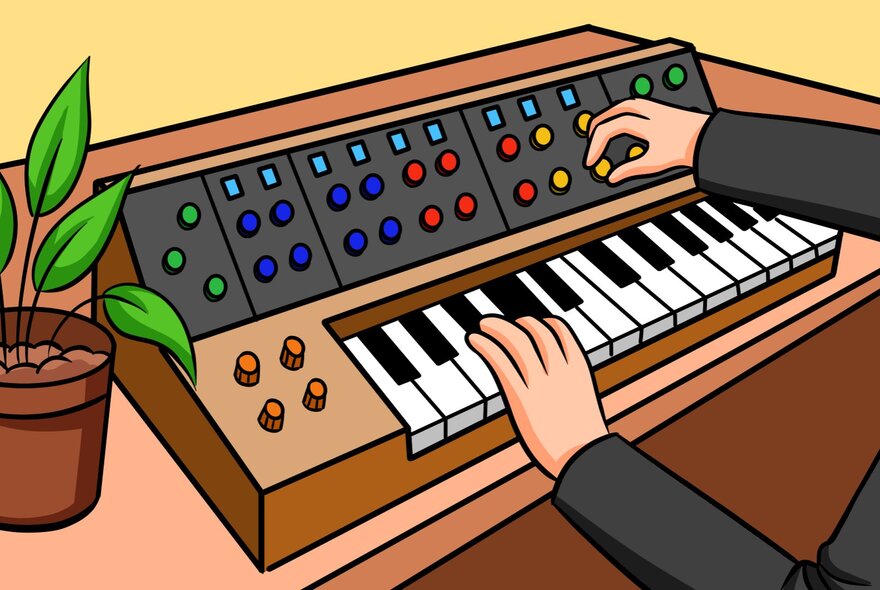Cartoon style drawing of hands playing an electronic keyboard or synthesiser.