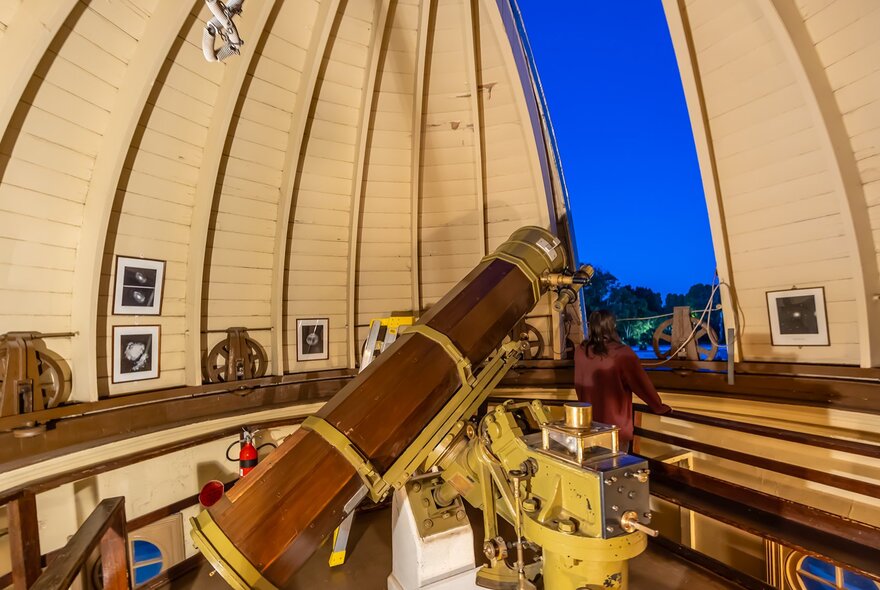 A giant telescope in a room with a domed roof, and a woman looking out an opening into a dark blue sky.