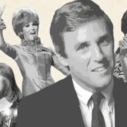 Sepia toned collage of American composer and songwriter Burt Bacharach, behind him are three female singers from the 1960s and 70s, singing into microphones they hold.