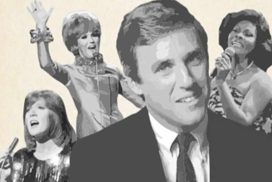 Sepia toned collage of American composer and songwriter Burt Bacharach, behind him are three female singers from the 1960s and 70s, singing into microphones they hold.