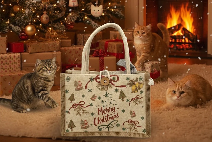 Three cats in a lounge room with a open fire and Christmas tree in the background, and a bag in the foreground that is decorated with festive patterns and messaging.