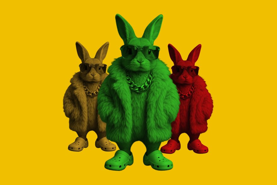 Gangsta rabbits in yellow, green and red, wearing shades.