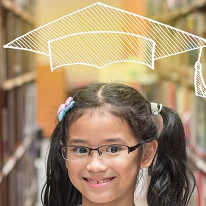 A child standing in a row of library books, a scholar's mortarboard drawn above her head.