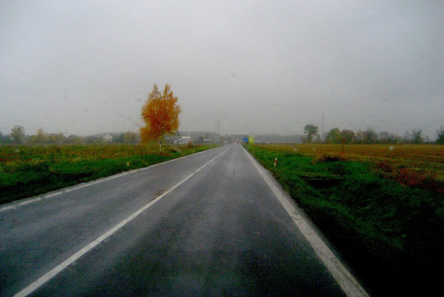 A quiet, paved two-lane country road stretching through rural landscape during an overcast day.