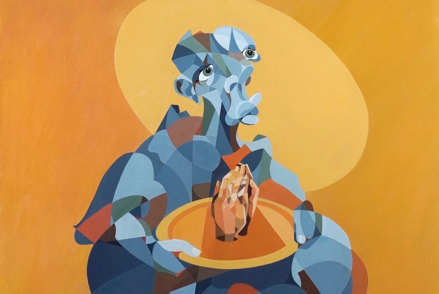 A geometric-shaped portrait of a man holding a platter, his face and clothing shades of blue.