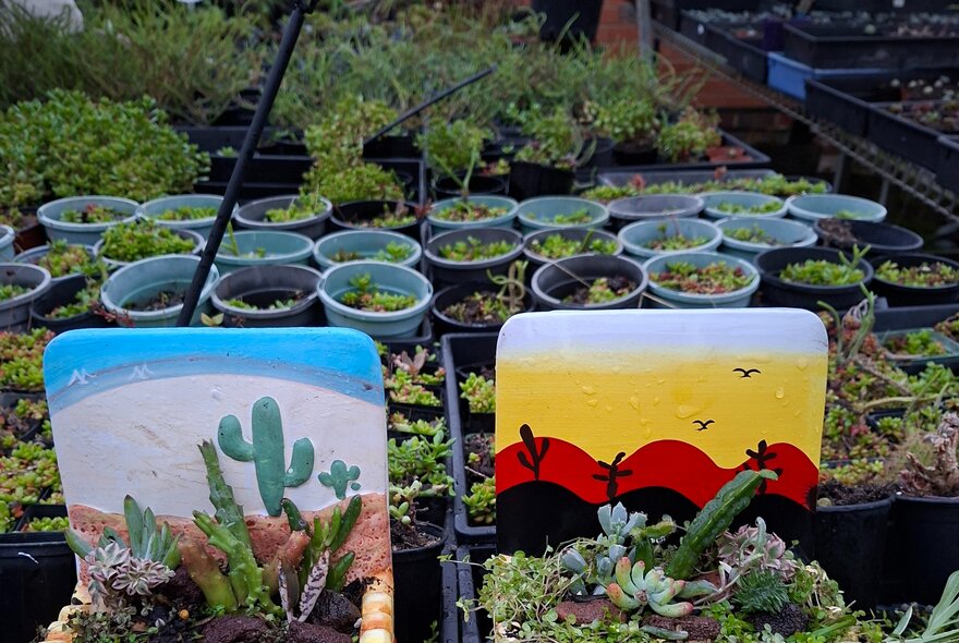 A display of small succulents and cacti for sale in ceramic pots, on a table.