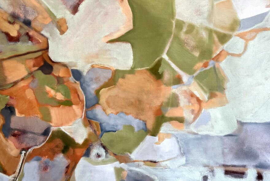 Abstract painting of green, white, brown and pale grey shapes.