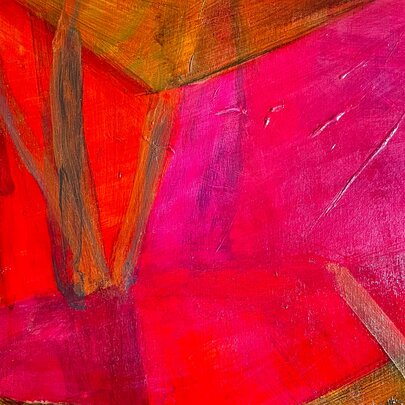 An expressive abstract painting in bright pink, red and brown.